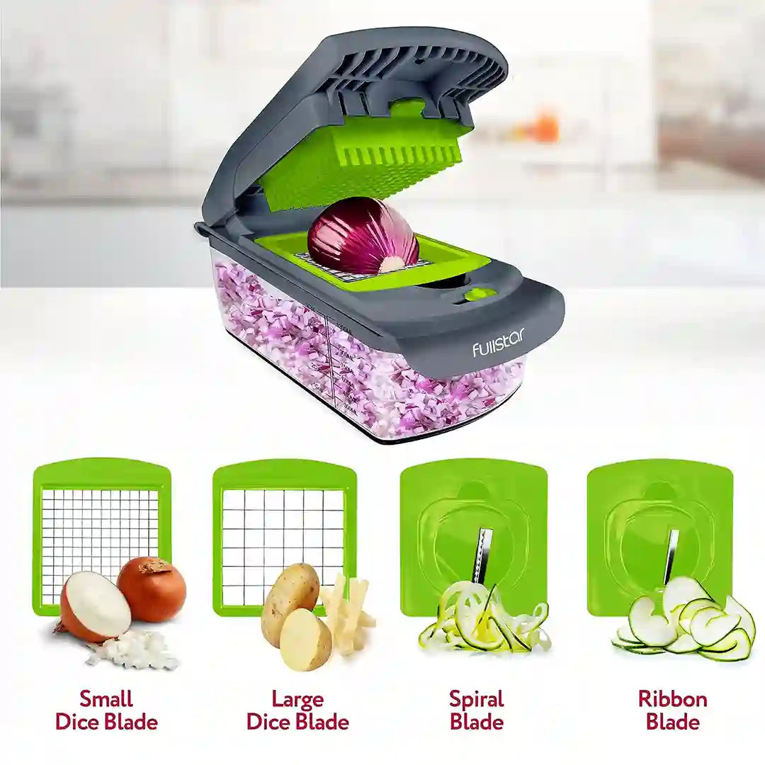 Green + grey Fullstar Viral Vegetable Chopper blades