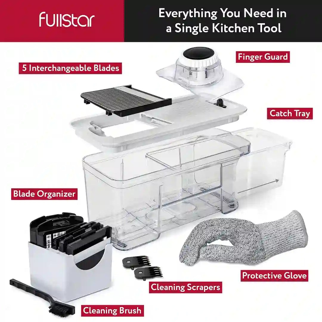 inclusions of Fullstar All-in-1 Mandoline Slicer Spiralizer & Chopper