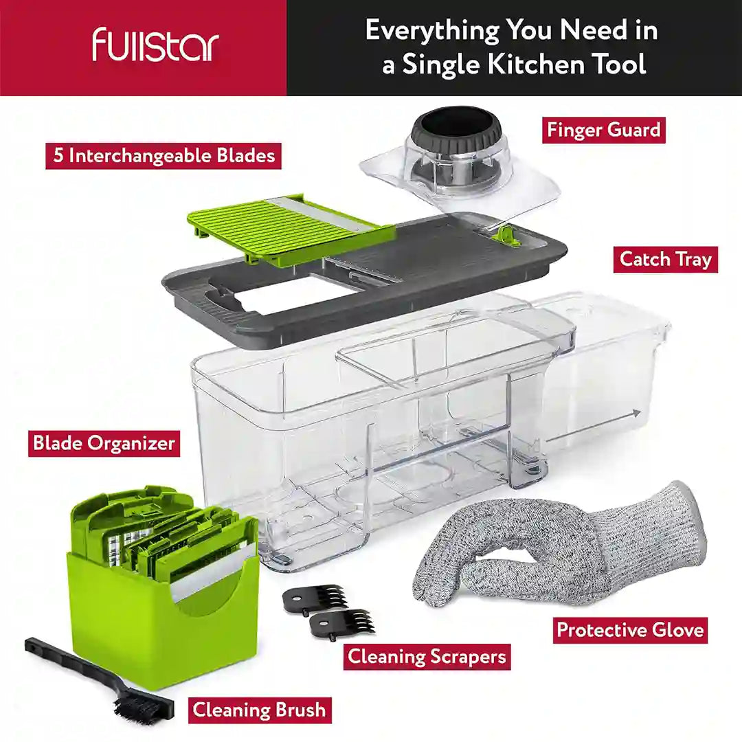 inclusions of Fullstar All-in-1 Mandoline Slicer Spiralizer & Chopper