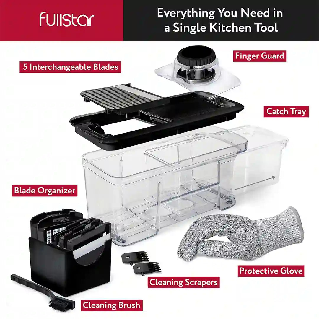 inclusions of Fullstar All-in-1 Mandoline Slicer Spiralizer & Chopper