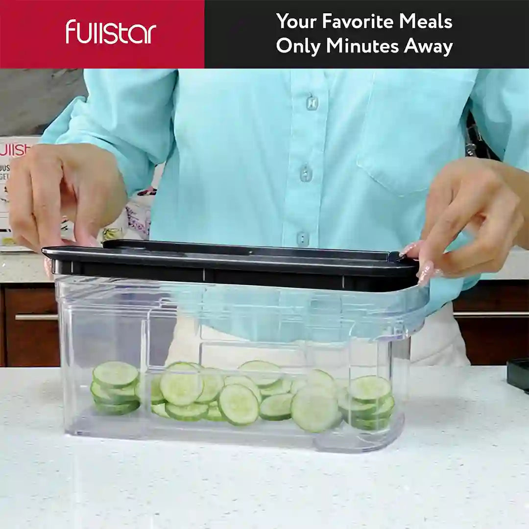 cutting cucumber with Fullstar All-in-1 Mandoline Slicer Spiralizer & Chopper