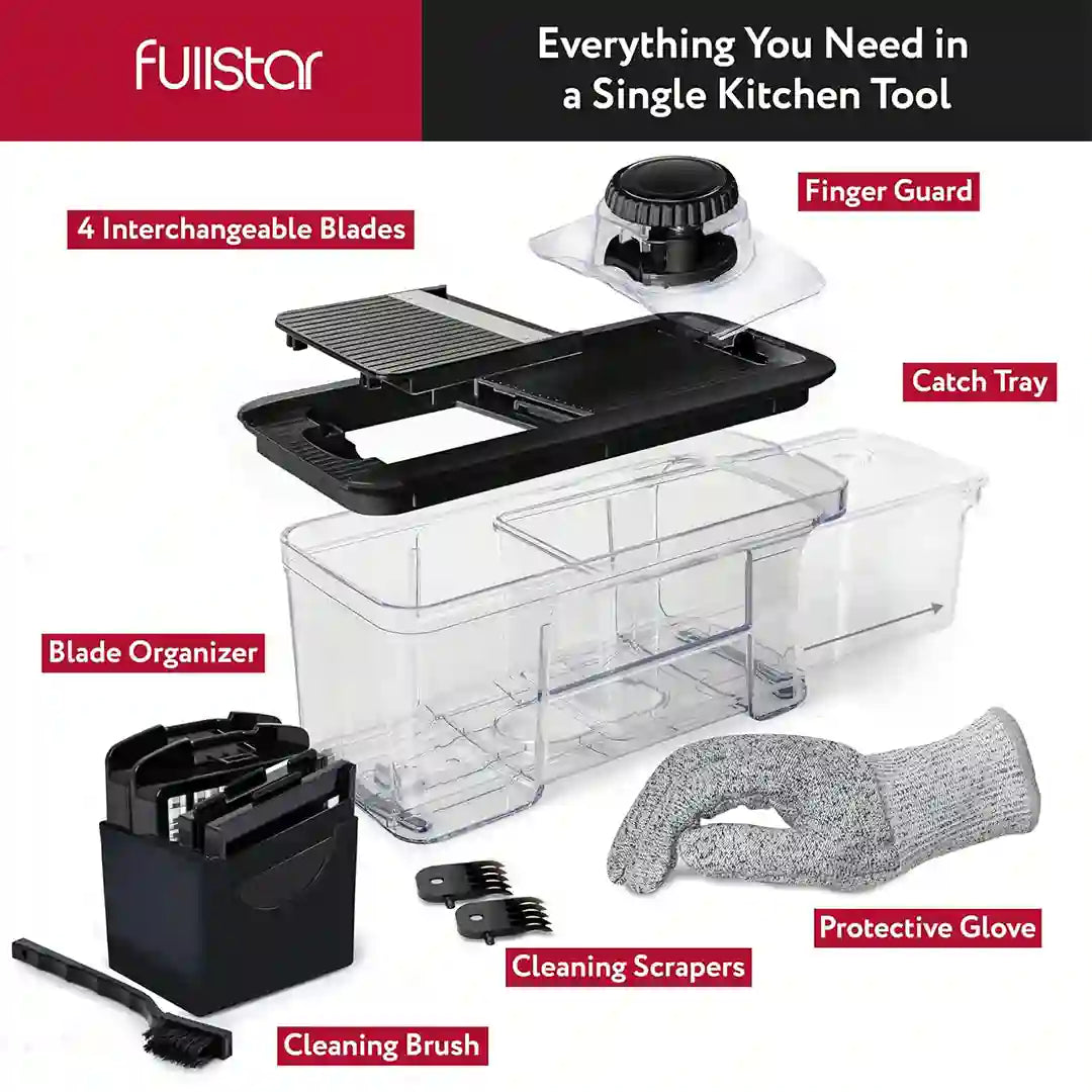 inclusions of Fullstar All-in-1 Mandoline Slicer Spiralizer & Chopper