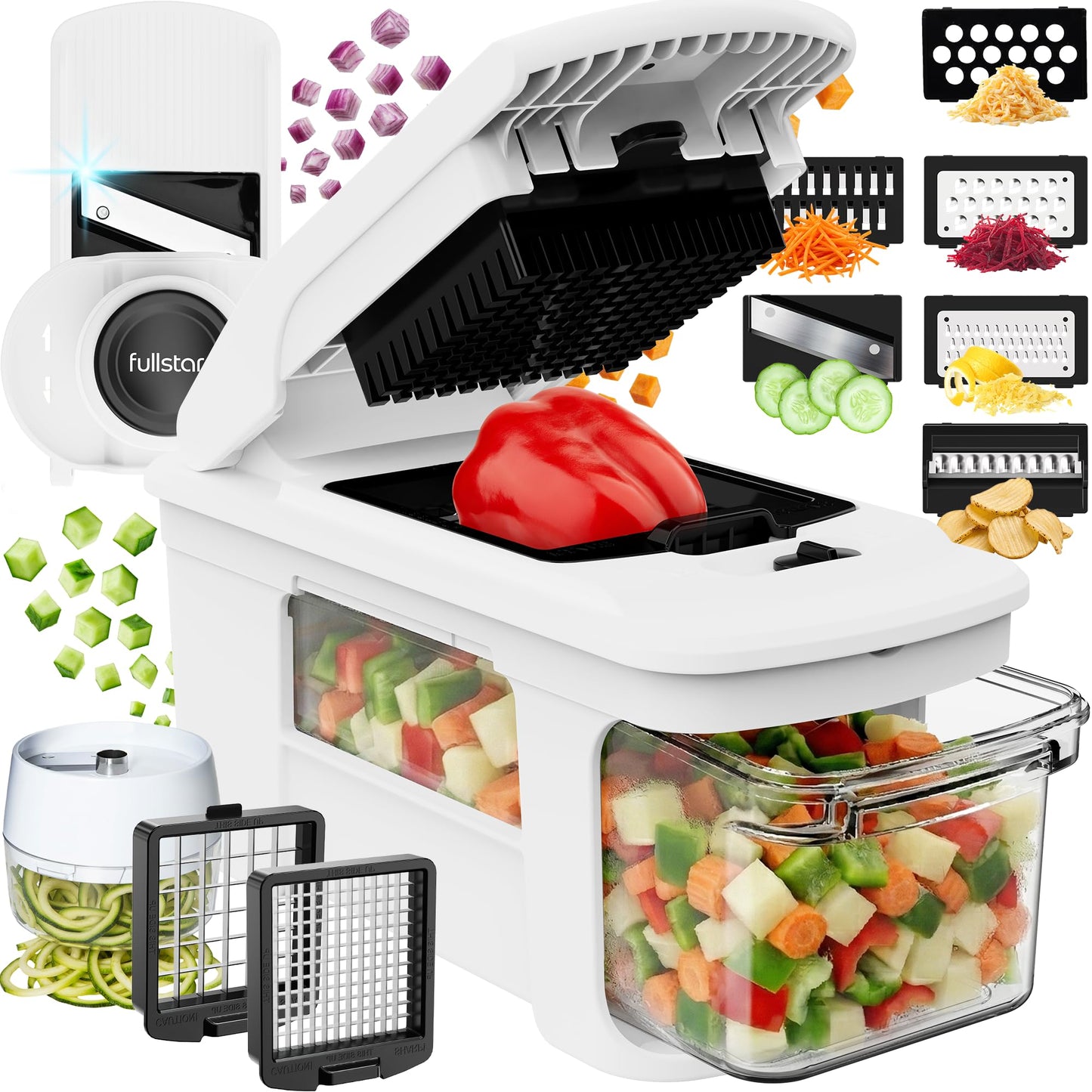 fsamz-b0fvmkmfsb-main | Fullstar Pro XL Vegetable Chopper & Mandoline Slicer w Pull-Out Catch Tray — 11-in-1, White