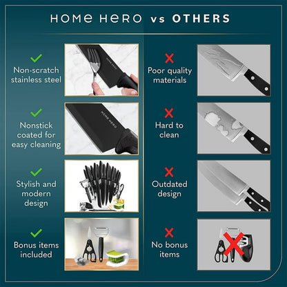 Home Hero - Kitchen Knife Set & Steak Knifes - Stainless Steel, Black, 16 Pcs