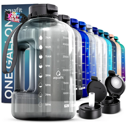 AQUAFIT - Water Bottle with Straw - Motivational Big Water Bottle with Time Marker - 1 Gallon, Gray