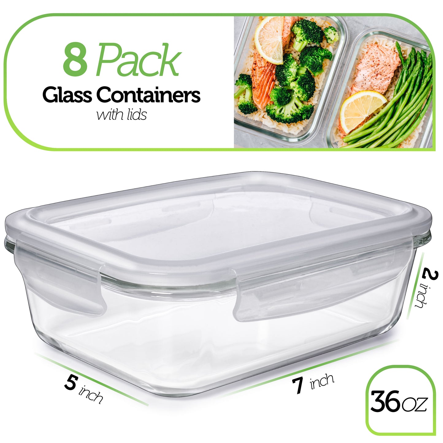 8 pack PrepNaturals Glass Storage Containers w/ Lids Glass
