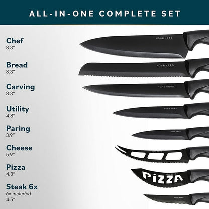 Home Hero - Kitchen Knife Set & Steak Knifes - Stainless Steel, Black, 16 Pcs