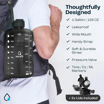 AQUAFIT - Water Bottle with Straw - Motivational Big Water Bottle with Time Marker - 1 Gallon, Gray