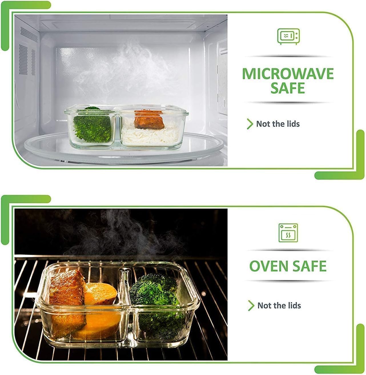 features of PrepNaturals Glass Storage Containers w/ Lids (2 compartments)