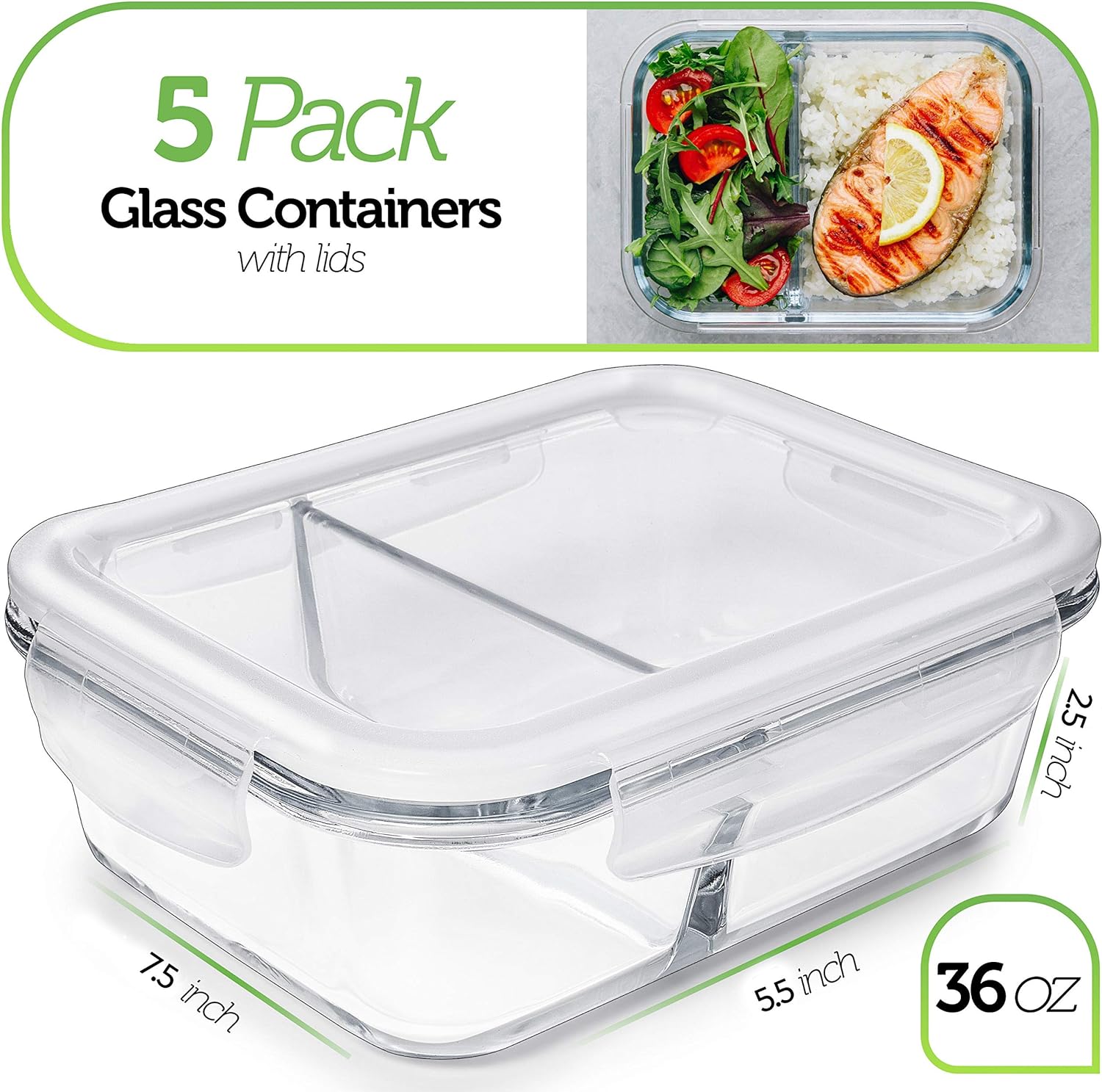 5 pack PrepNaturals Glass Storage Containers w/ Lids