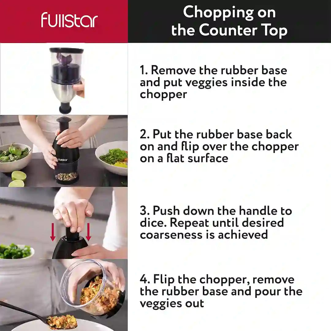 steps in using Fullstar Vegetable Hand Chopper