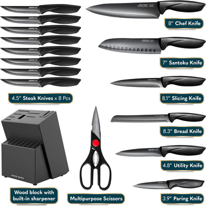 Home Hero Kitchen Knife Set with Sharpener - High Carbon Stainless Steel Knife Block Set with Ergonomic Handles (16 Pcs - Black)