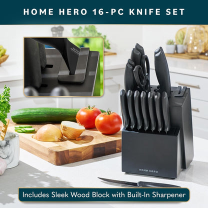 Home Hero Kitchen Knife Set with Sharpener - High Carbon Stainless Steel Knife Block Set with Ergonomic Handles (16 Pcs - Black)