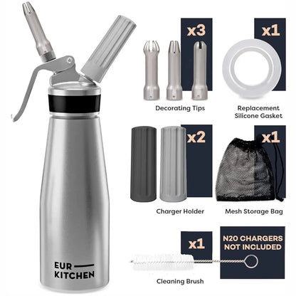 stainless EurKitchen Whipped Cream Dispenser inclusions