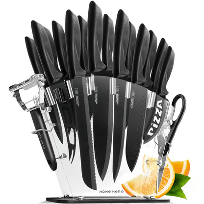 Home Hero - Kitchen Knife Set & Steak Knifes - Stainless Steel, Black, 16 Pcs