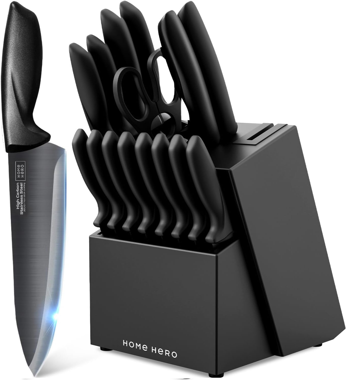 Home Hero Kitchen Knife Set with Sharpener - High Carbon Stainless Steel Knife Block Set with Ergonomic Handles (16 Pcs - Black)