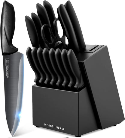 Home Hero Kitchen Knife Set with Sharpener - High Carbon Stainless Steel Knife Block Set with Ergonomic Handles (16 Pcs - Black)