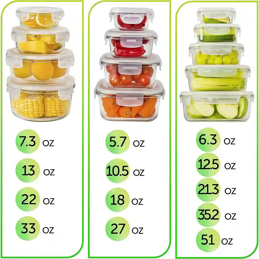 sizes of PrepNaturals 13pc Glass Storage Containers