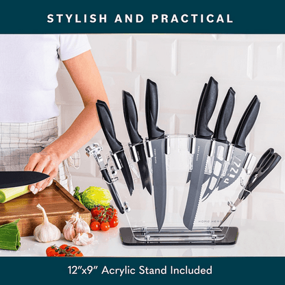 Home Hero - Kitchen Knife Set & Steak Knifes - Stainless Steel, Black, 16 Pcs