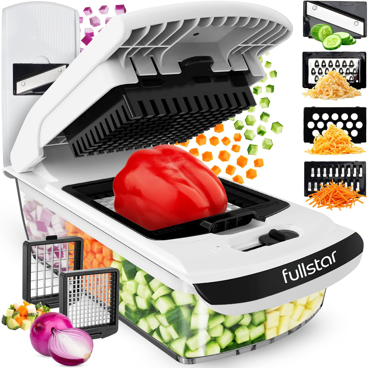 fsamz-b0fzw8r1wf-main | Fullstar Pro Original Vegetable Chopper & Mandoline Slicer Kitchen Gadget — 6-in-1, White