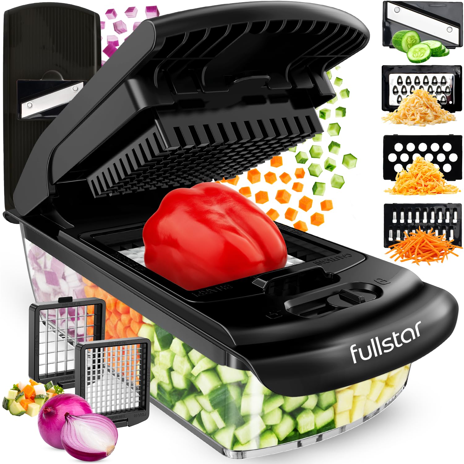fsamz-b0fzwf7r8c-main | Fullstar Pro Original Vegetable Chopper & Mandoline Slicer Kitchen Gadget — 6-in-1, Black