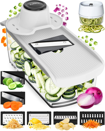 fsamz-b0g64548cb-main | Fullstar Pro Mandoline Vegetable Slicer, Grater & Spiralizer with Container — 9-in-1, White