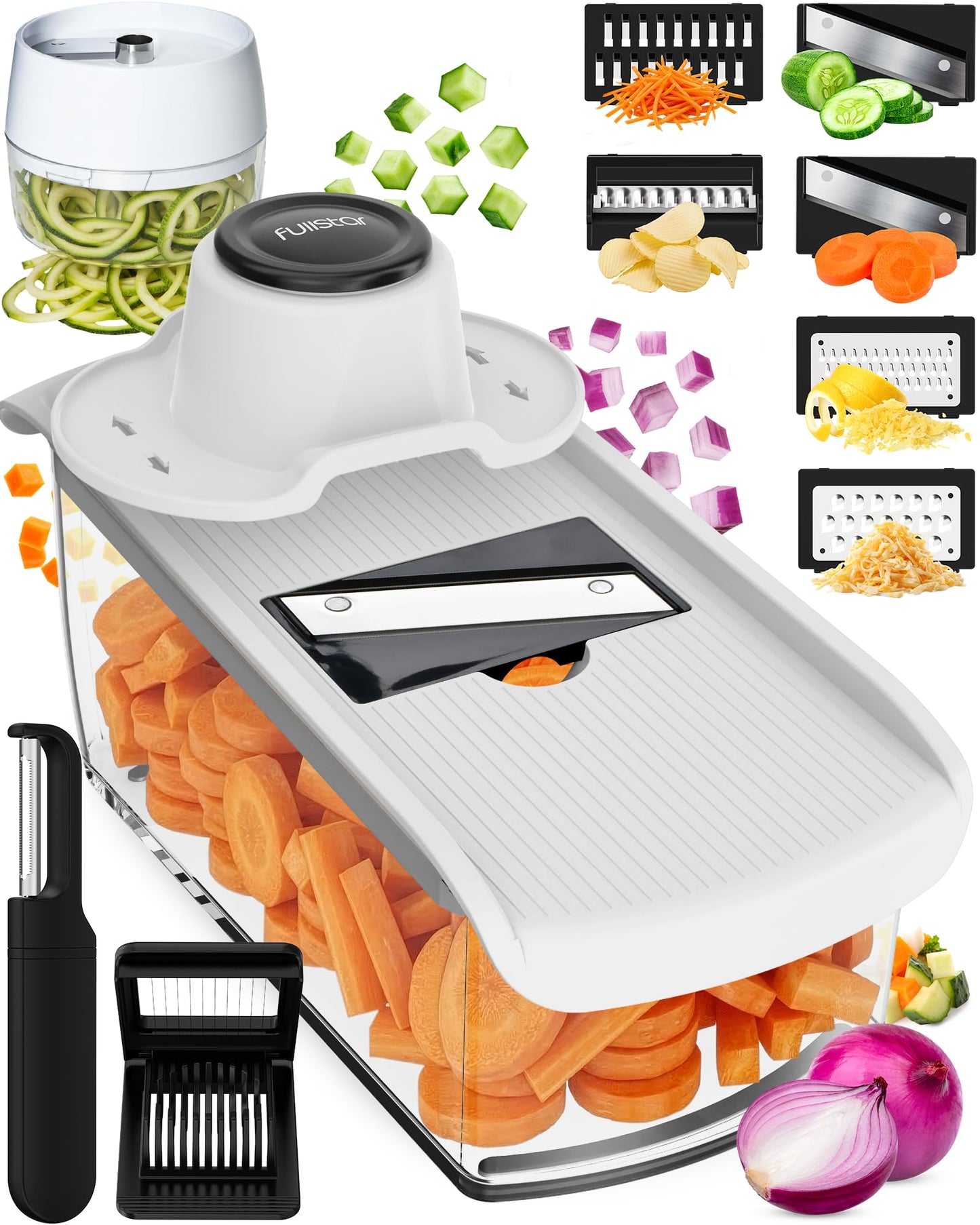 fsamz-b0g64qslvk-main | Fullstar Pro Mandoline Vegetable Slicer, Grater & Spiralizer with Container — 11-in-1, White