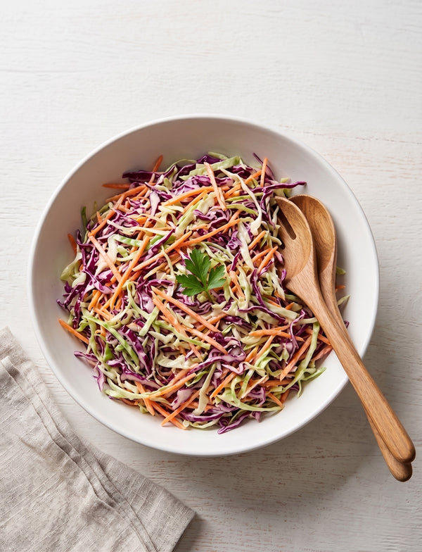 A bowl of rainbow slaw with a wooden serving spoon