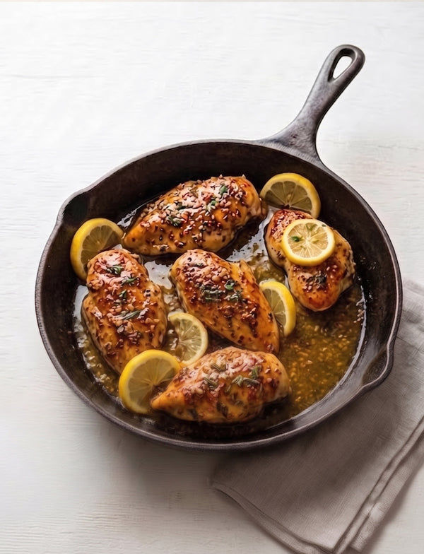 Lemon and herb chicken thighs in a cast-iron skillet