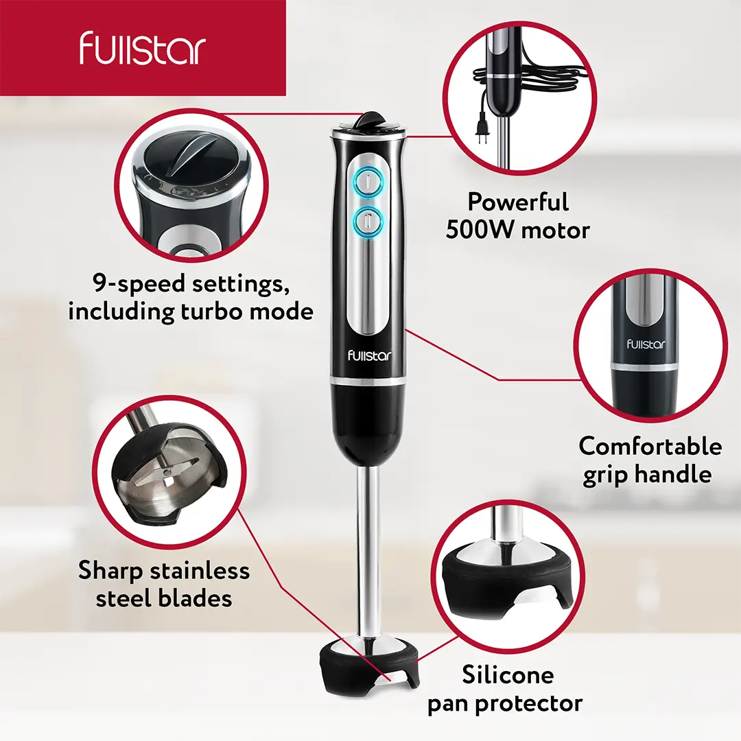 features of Fullstar Hand Blender w/ Milk Frother & Whisk