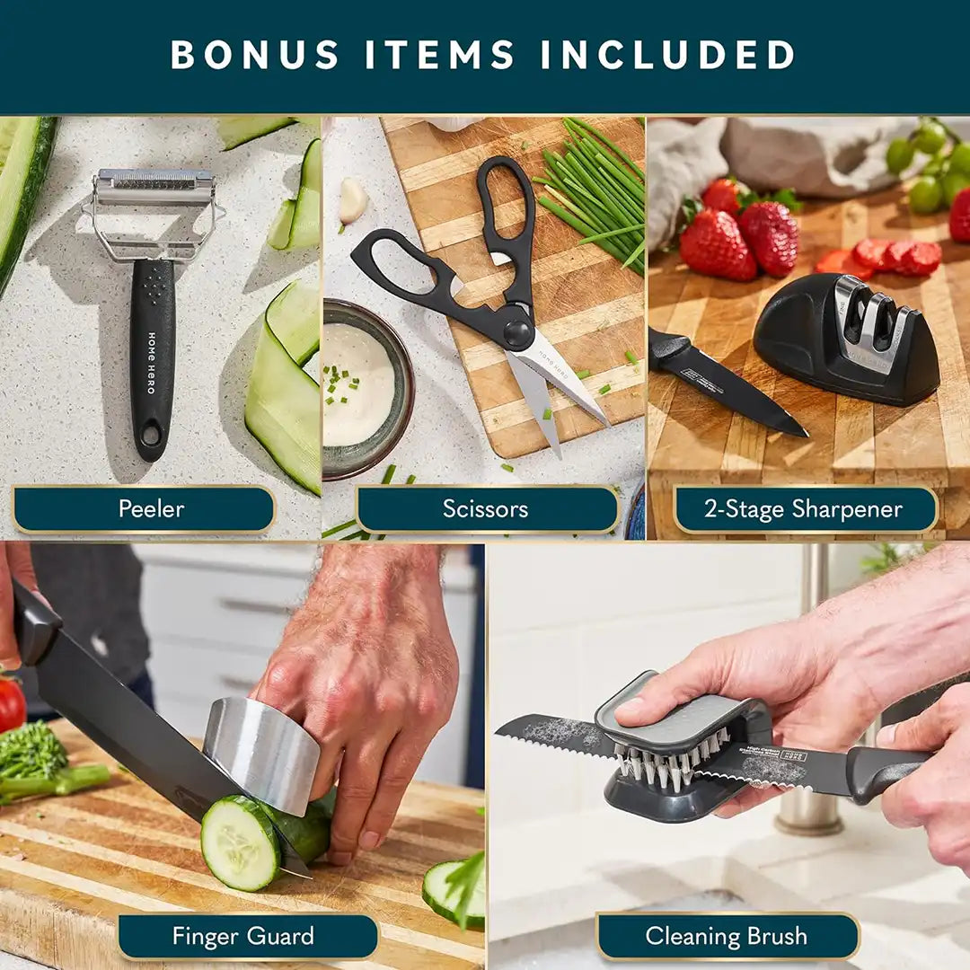 inclusions of Home Hero Knife Set w/ New Acrylic Stand