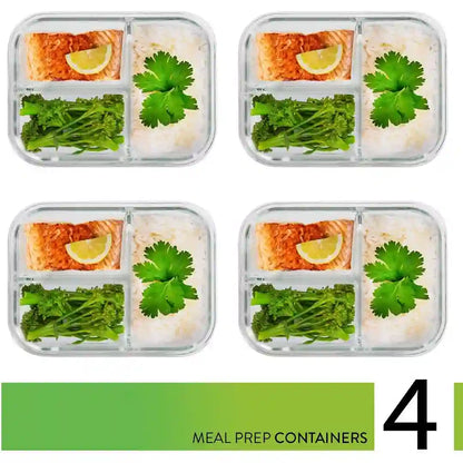4 pc PrepNaturals Glass Storage Containers w/ Lids (3 Compartment)